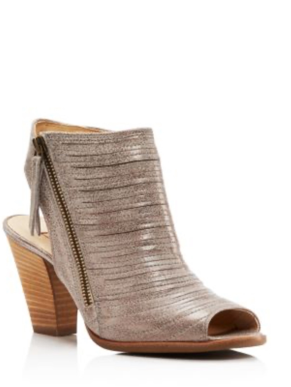 Paul Green Cayanne Champagne Metallic Leather Peep Toe Stacked Heel Sandals Sz 9